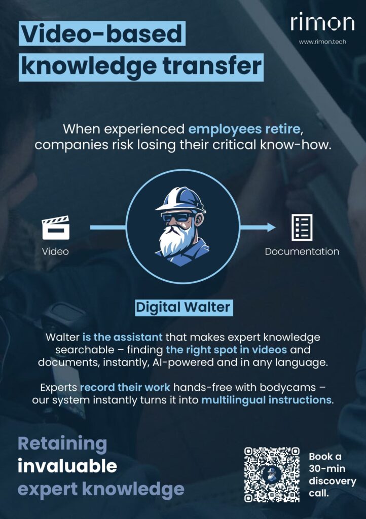 Infographic on video-based knowledge transfer featuring "Digital Walter" as an AI assistant.